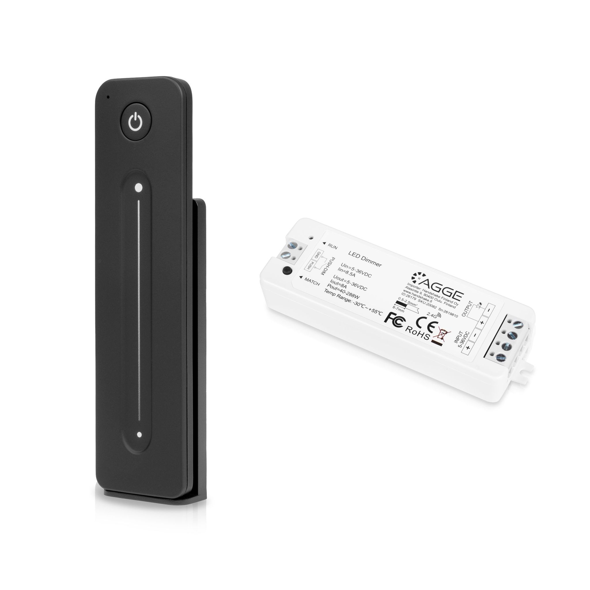 LED-nauhan ohjausyksikkö AGGE Single Color Controller, RF 2.4 GHz, Ohjausyksikkö + Kaukosäädin Dimming Touch Slide (Musta) | Alk. 39,90 €
