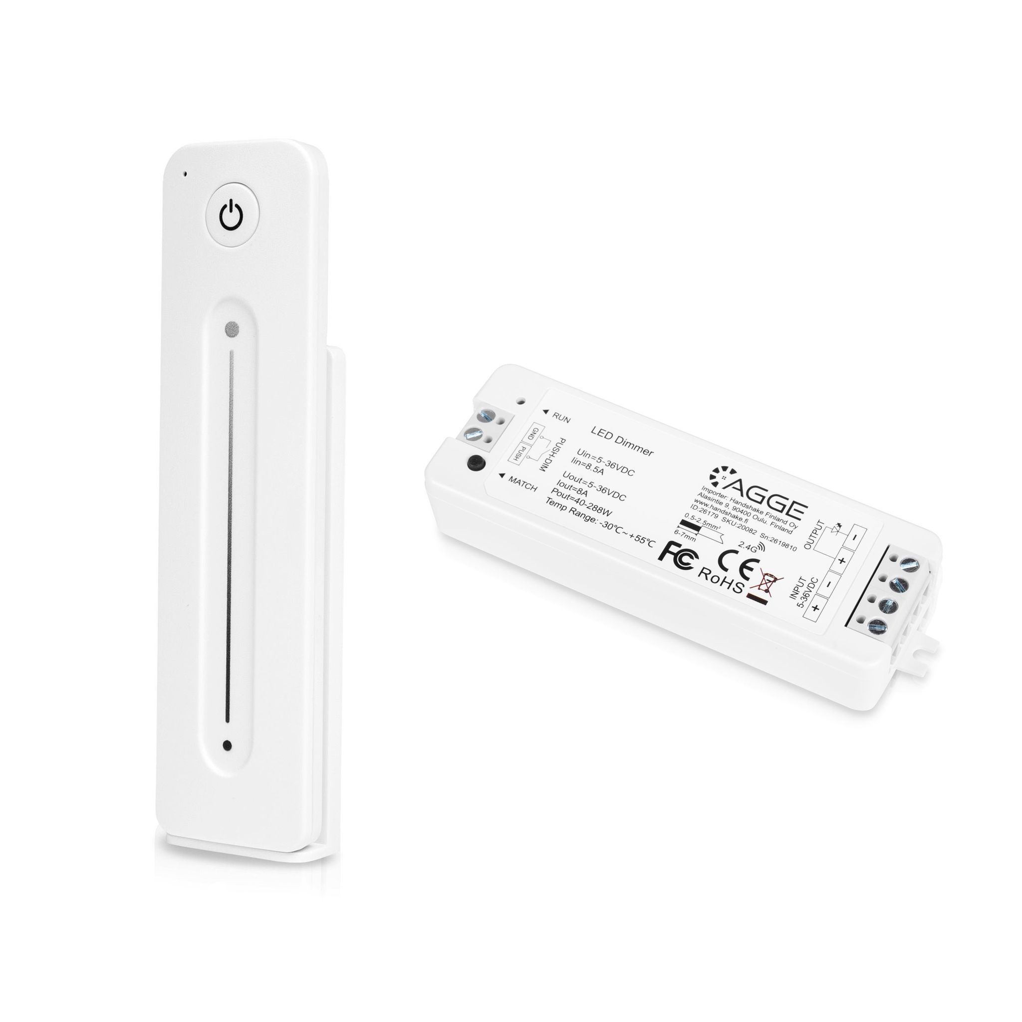Drivdon till LED-list AGGE Single Color Controller, RF 2.4 GHz, Drivdon + Fjärrkontroll Dimming Touch Slide (Vit)