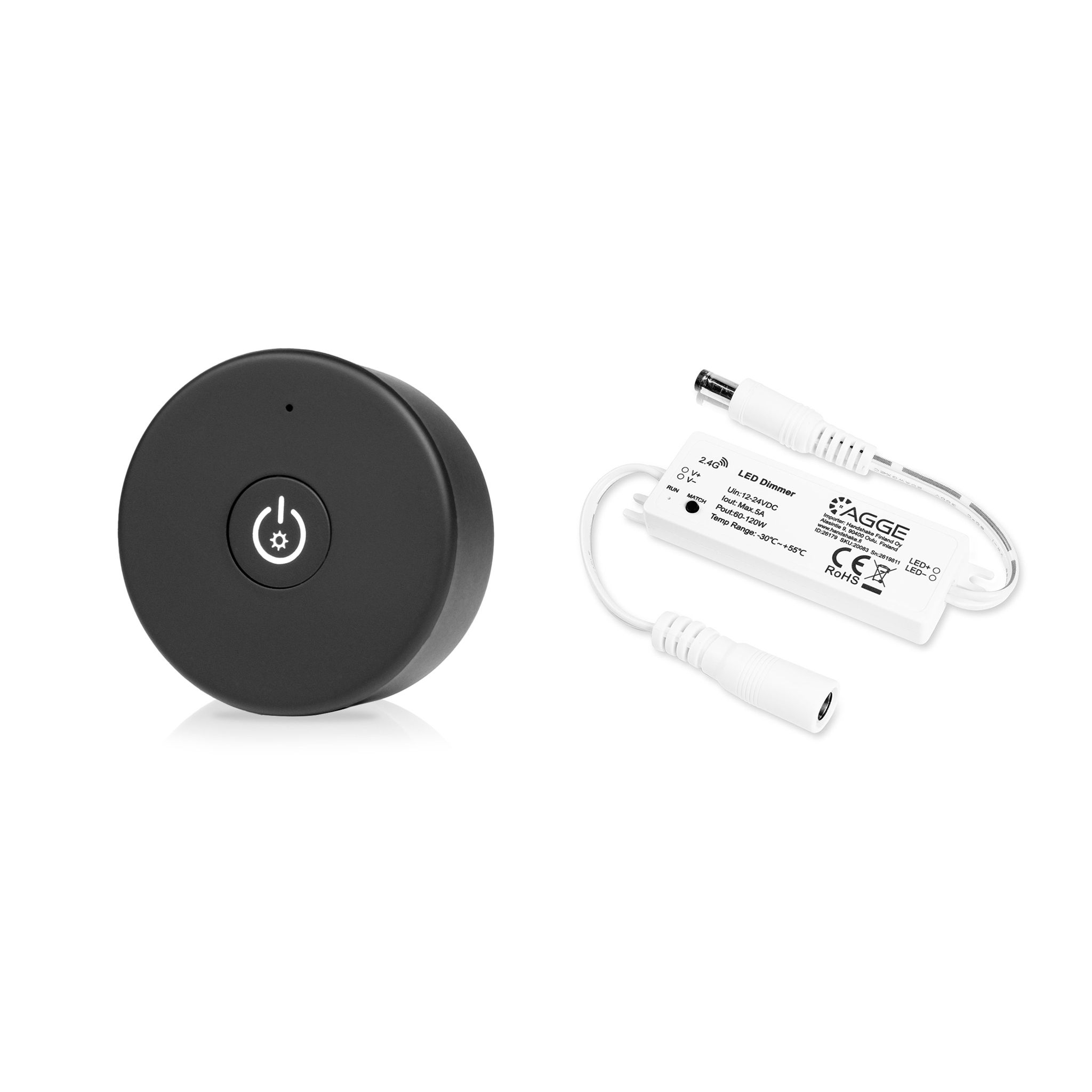 Drivdon till LED-list AGGE Single Color Mini Controller, RF 2.4 GHz, Drivdon + Fjärrkontroll One-Key (Svart)