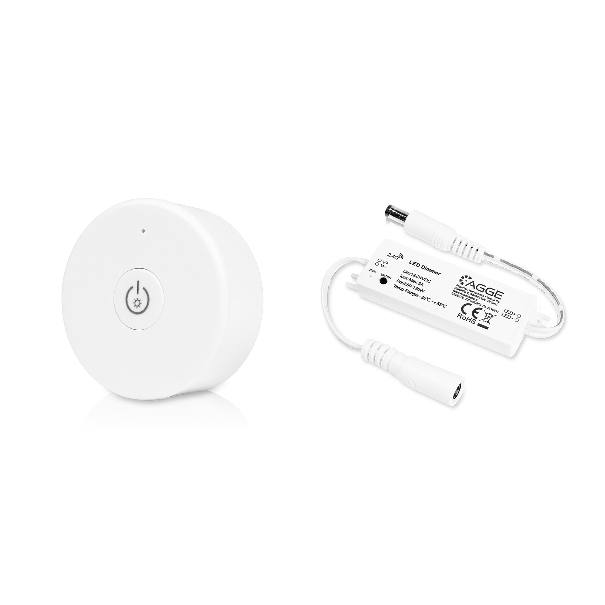 LED-nauhan ohjausyksikkö AGGE Single Color Mini Controller, RF 2.4 GHz, Ohjausyksikkö + Kaukosäädin Dimming One-Key (Valkoinen) | Alk. 32,90 €