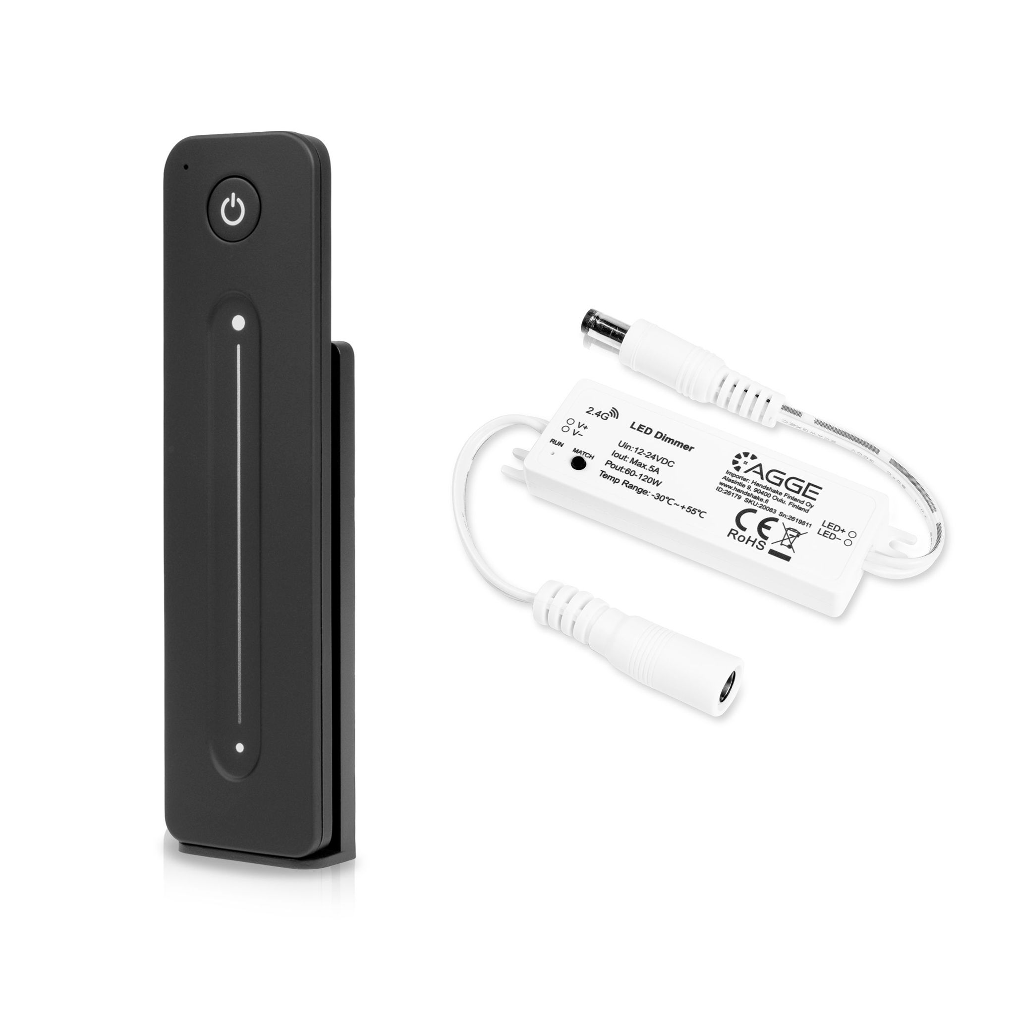 Drivdon till LED-list AGGE Single Color Mini Controller, RF 2.4 GHz, Drivdon + Fjärrkontroll Touch Slide (Svart)