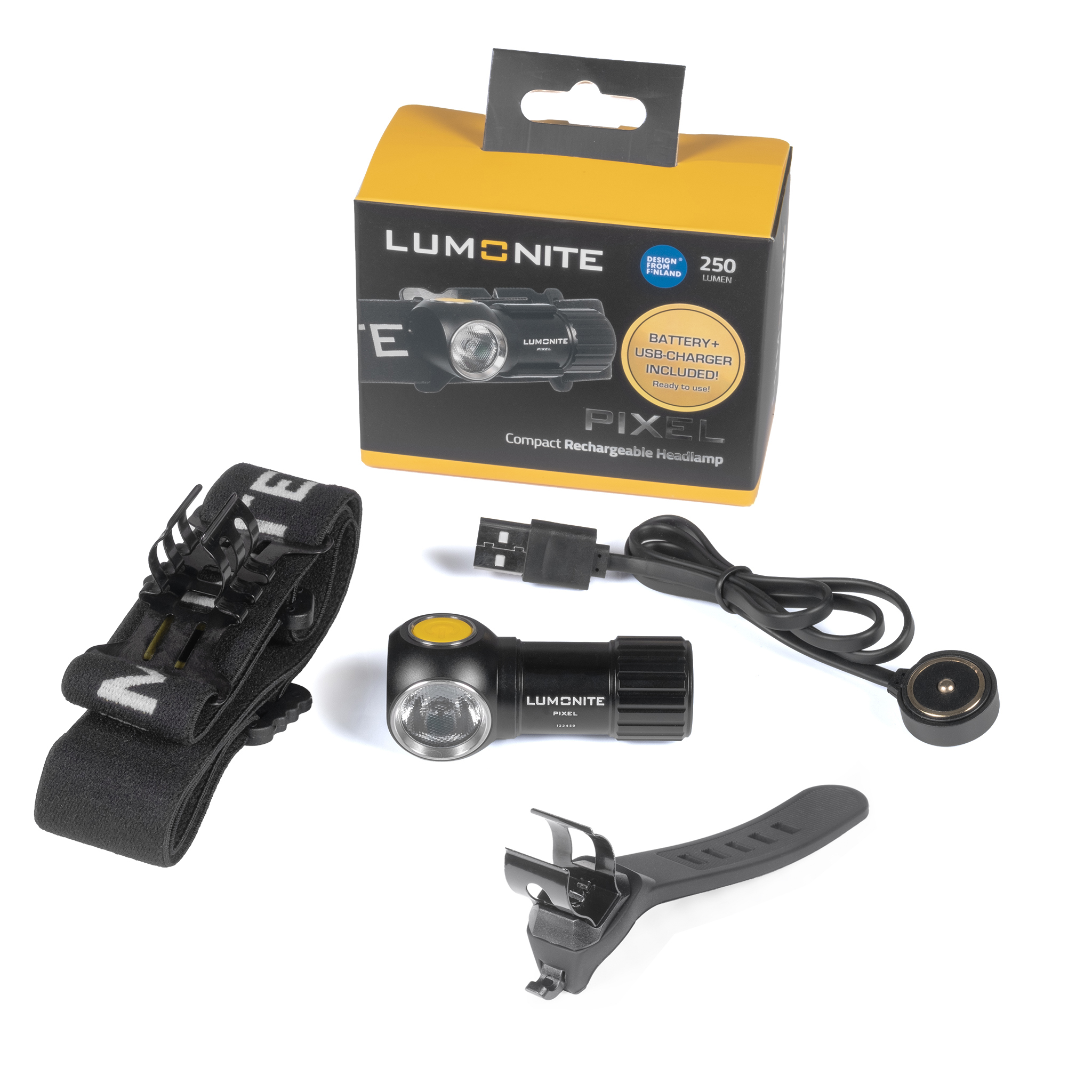 Pannlampa LUMONITE® Pixel, 250 lm, Lampa + Cykelfäste