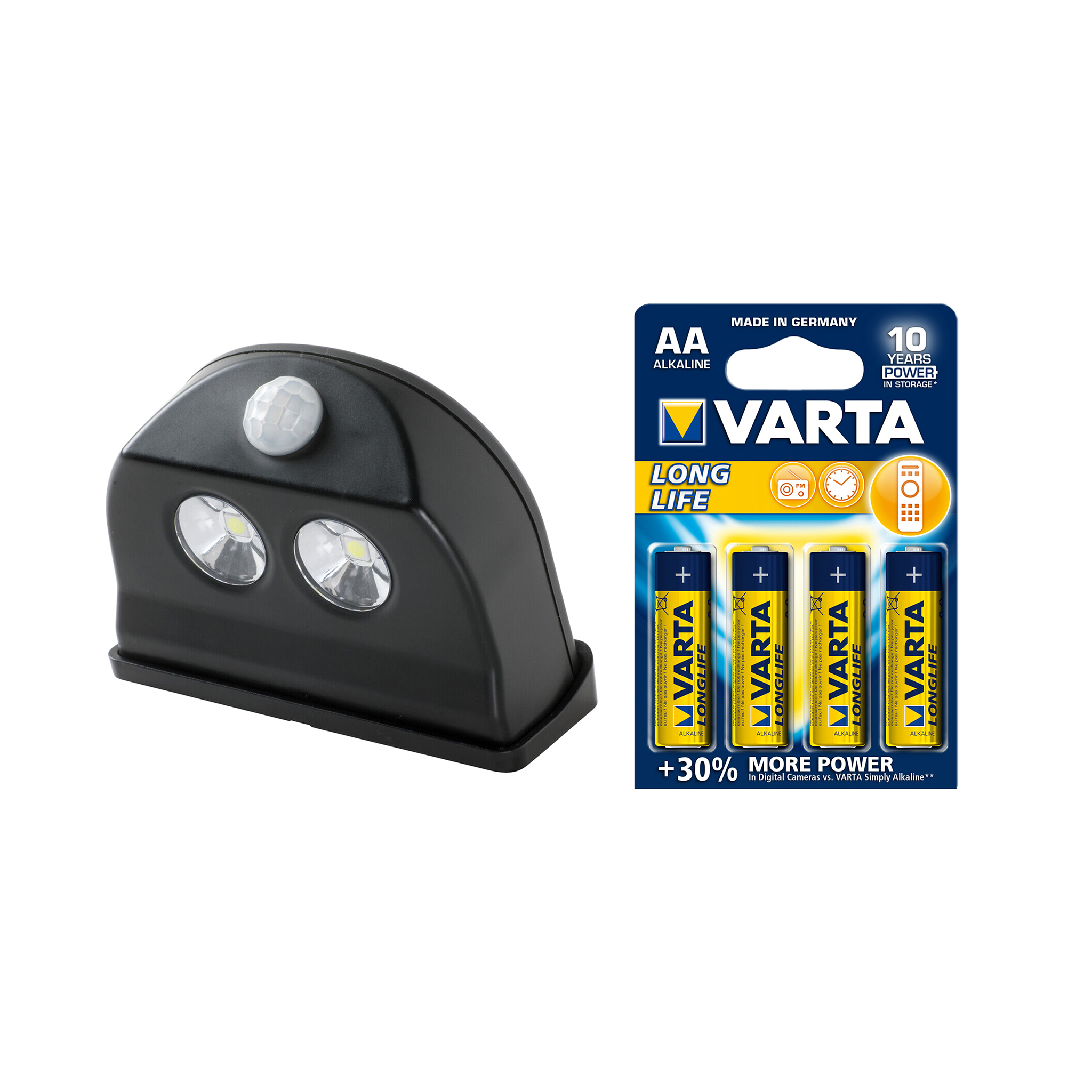 Liiketunnistinvalo Airam Doris, 36 lm, Valaisin + Varta-paristot 4 kpl | Alk. 9,35 €