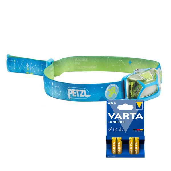 Hodelykt PETZL TIKKID - 30 lm / 3 x AAA, Bl&aring; + 4 stk. Varta Long Life AAA-batterier