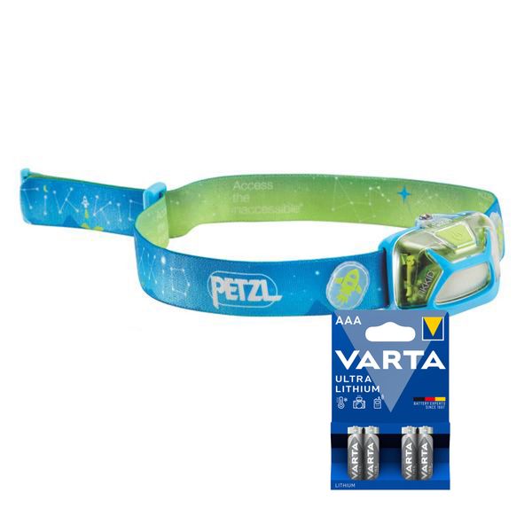 Hodelykt PETZL TIKKID - 30 lm / 3 x AAA, Bl&aring; + 4 stk. Varta Ultra Lithium AAA-batterier