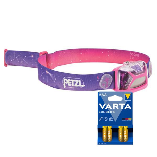 Hodelykt PETZL TIKKID - 30 lm / 3 x AAA, Rosa + 4 stk. Varta Long Life AAA-batterier