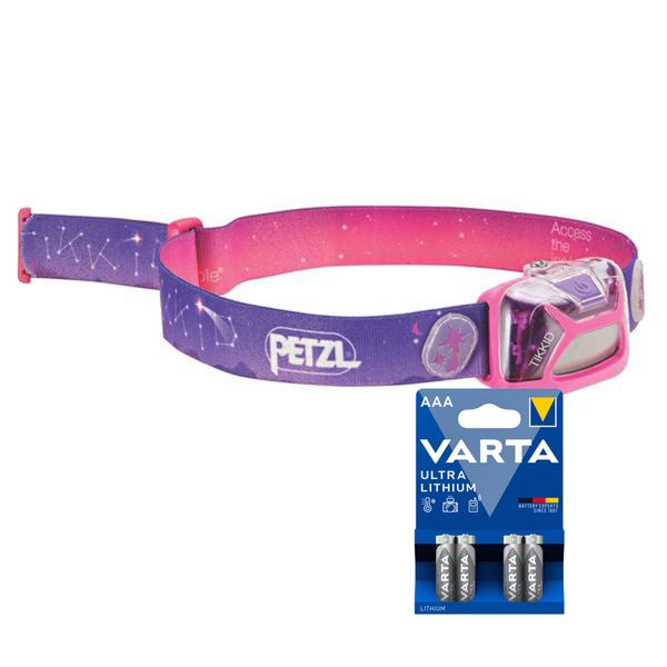 Hodelykt PETZL TIKKID - 30 lm / 3 x AAA, Rosa + 4 stk. Varta Ultra Lithium AAA-batterier